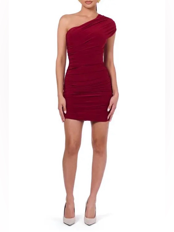 Naked Wardrobe Ruched One Shoulder Mini Dress Large Dark Red Party Night Out Y2k